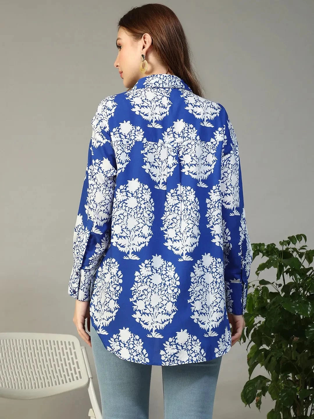 Famous Blue Tropical Print Collared Button Down Long Sleeve Womne Shirt