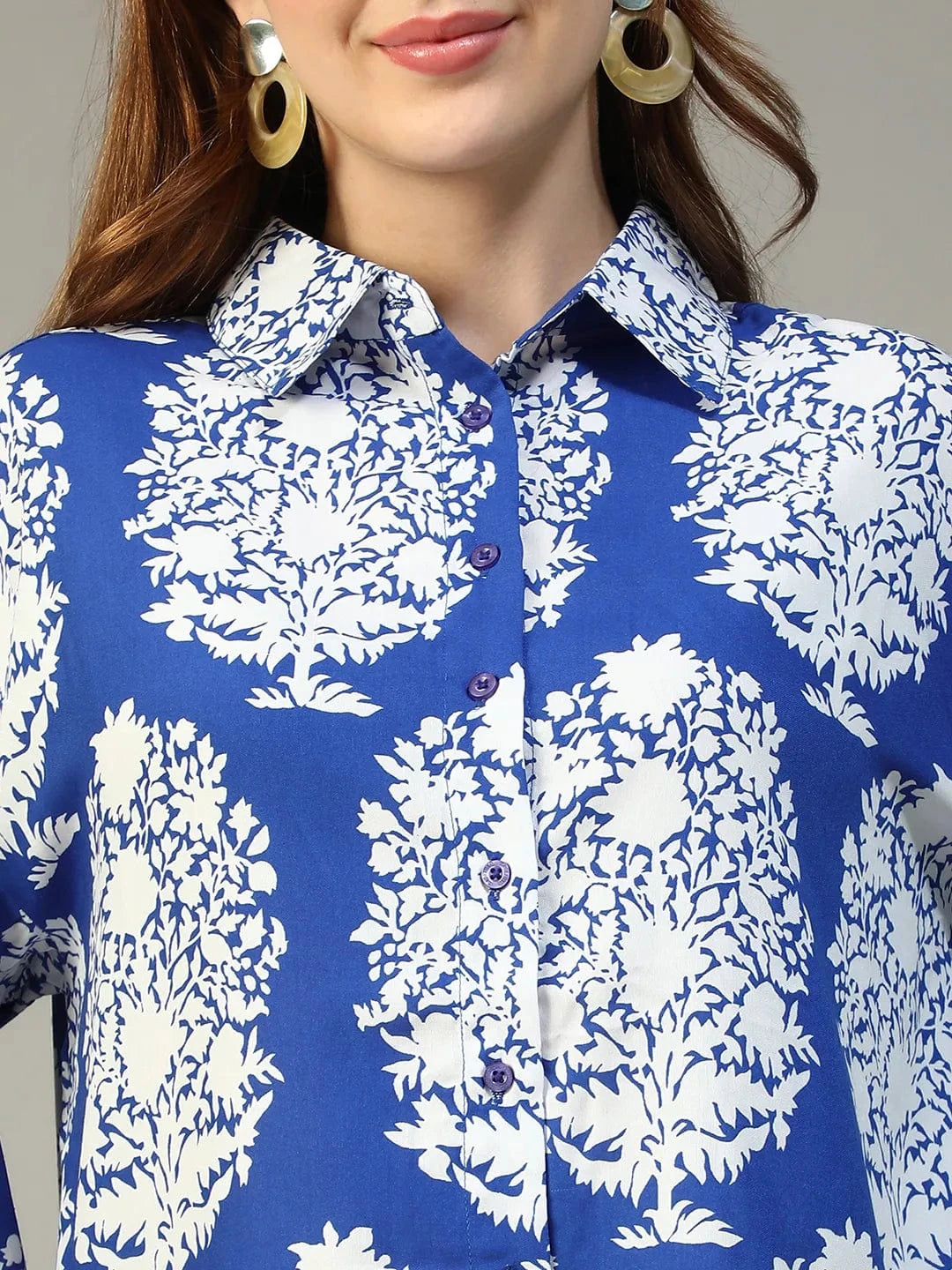Famous Blue Tropical Print Collared Button Down Long Sleeve Womne Shirt