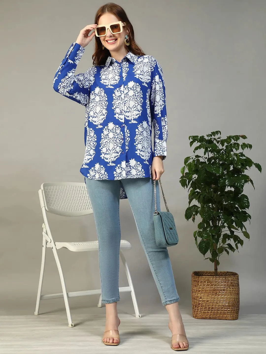 Famous Blue Tropical Print Collared Button Down Long Sleeve Womne Shirt