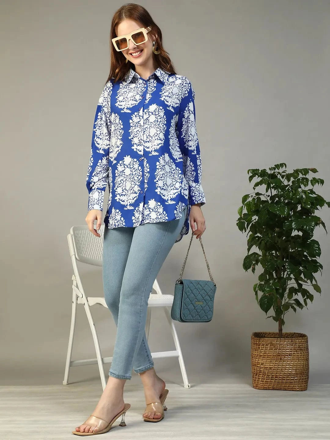 Famous Blue Tropical Print Collared Button Down Long Sleeve Womne Shirt