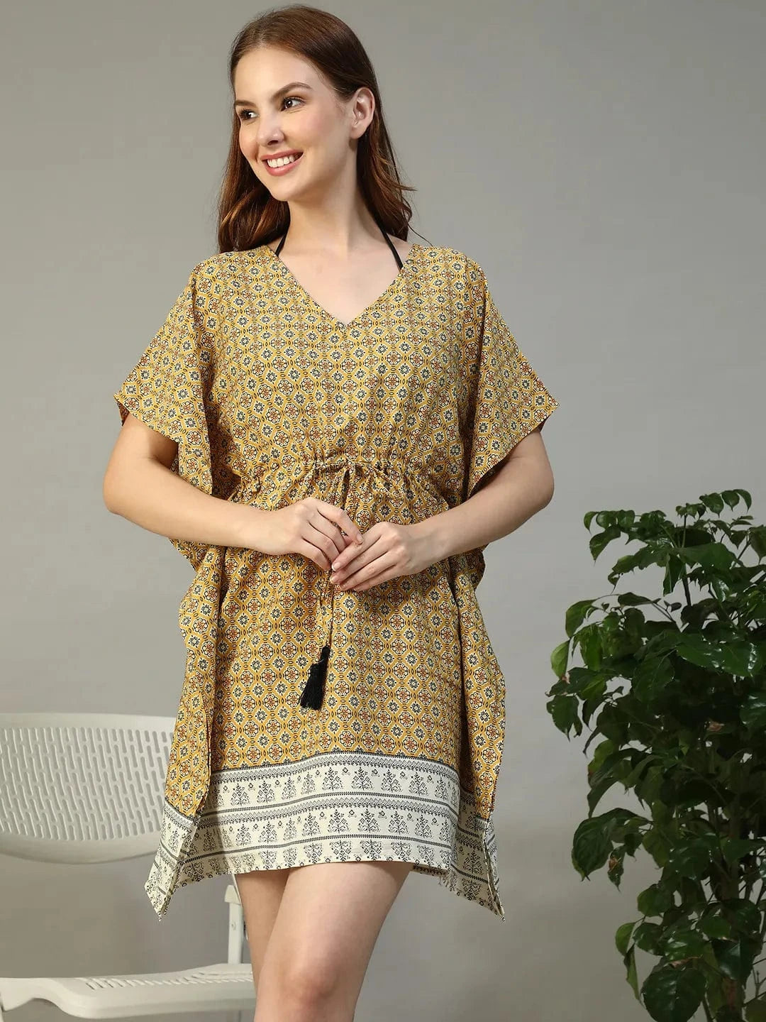 Gaze Yellow Geometric Abstract Print V- Neck Elasticated Tie-up Detail Short Cape Sleeve Women Beachwear Dress