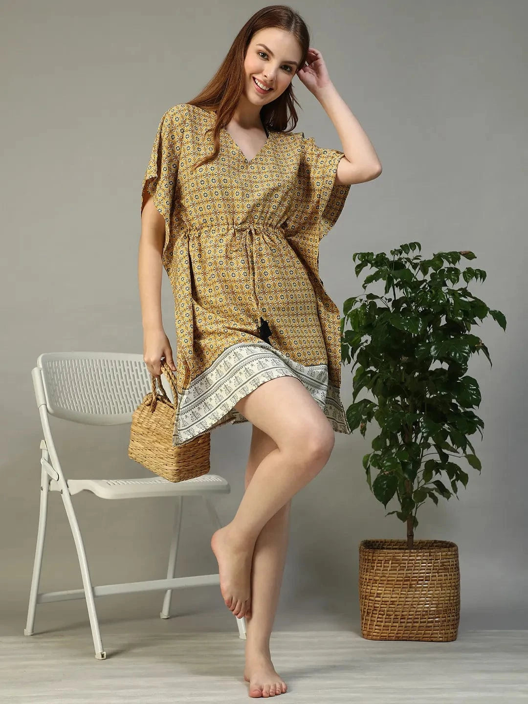 Gaze Yellow Geometric Abstract Print V- Neck Elasticated Tie-up Detail Short Cape Sleeve Women Beachwear Dress