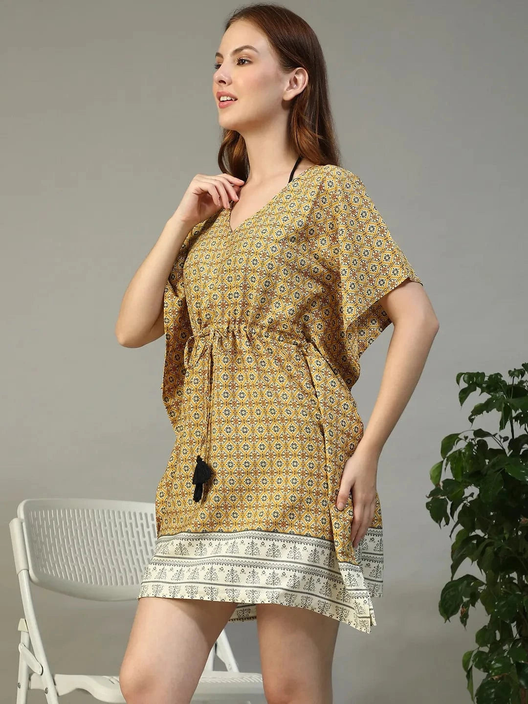 Gaze Yellow Geometric Abstract Print V- Neck Elasticated Tie-up Detail Short Cape Sleeve Women Beachwear Dress