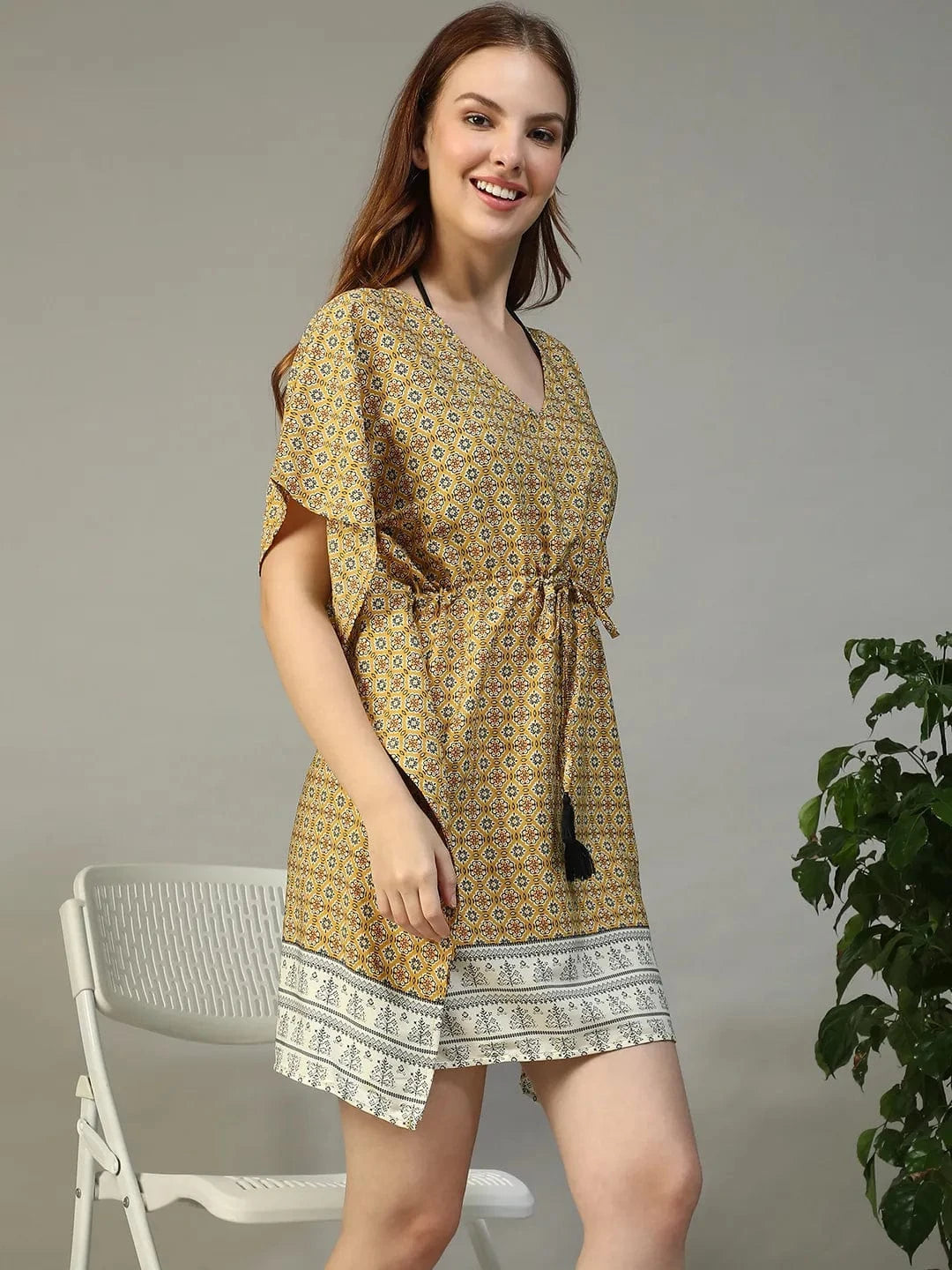Gaze Yellow Geometric Abstract Print V- Neck Elasticated Tie-up Detail Short Cape Sleeve Women Beachwear Dress
