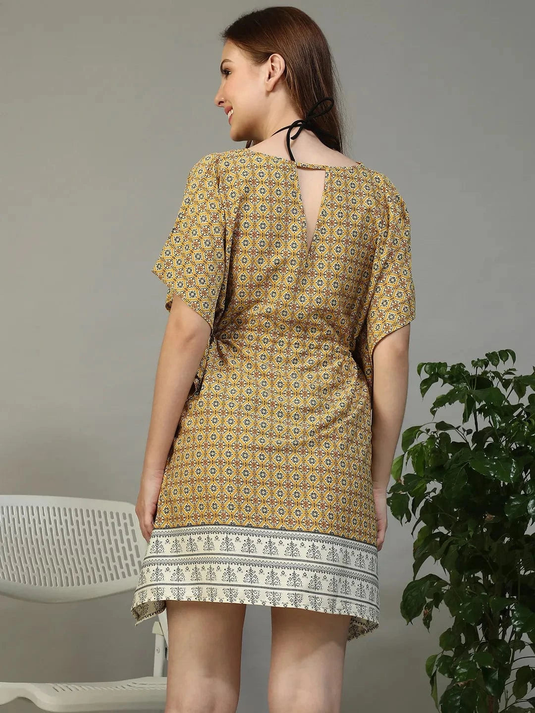 Gaze Yellow Geometric Abstract Print V- Neck Elasticated Tie-up Detail Short Cape Sleeve Women Beachwear Dress