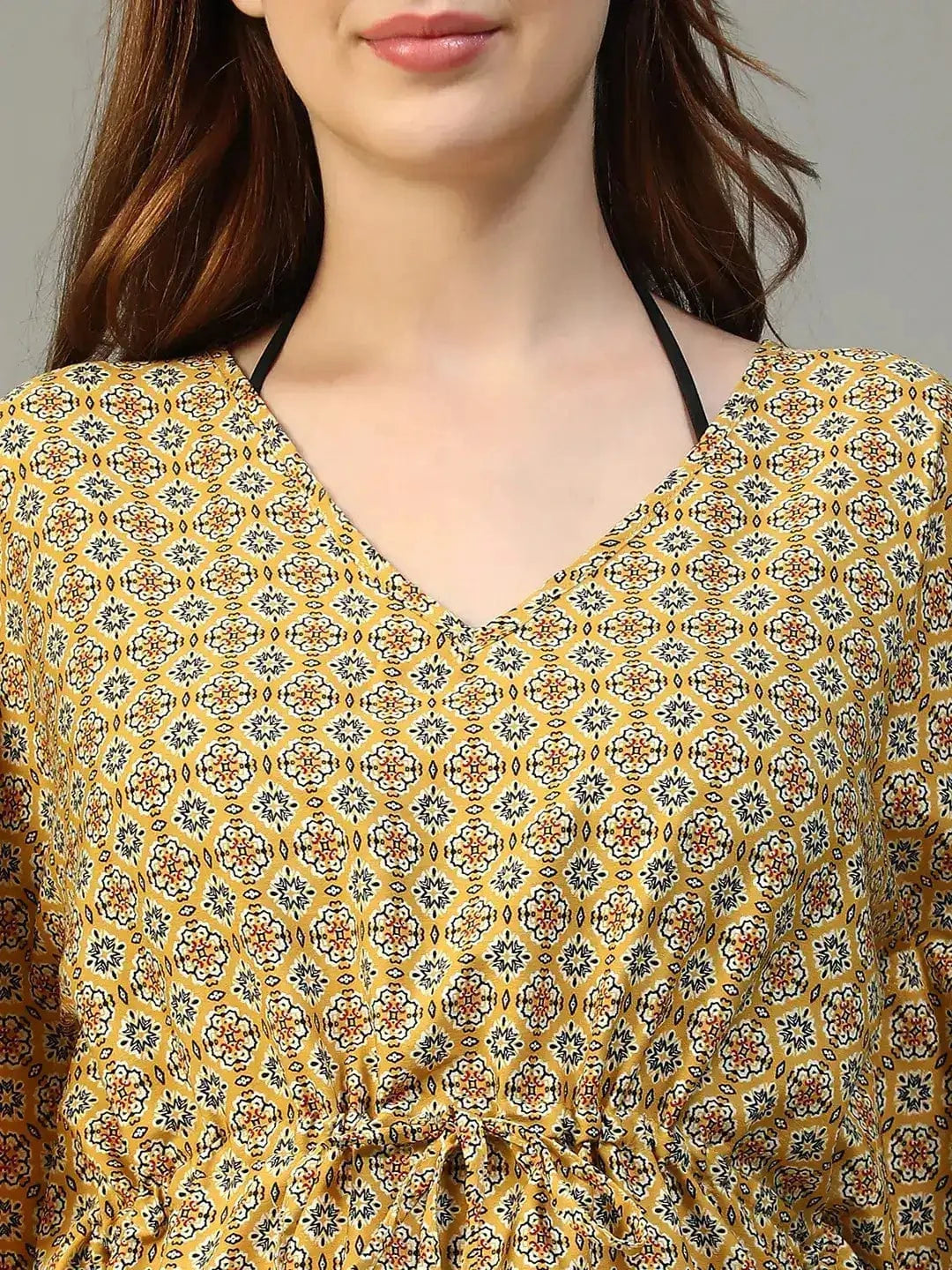 Gaze Yellow Geometric Abstract Print V- Neck Elasticated Tie-up Detail Short Cape Sleeve Women Beachwear Dress