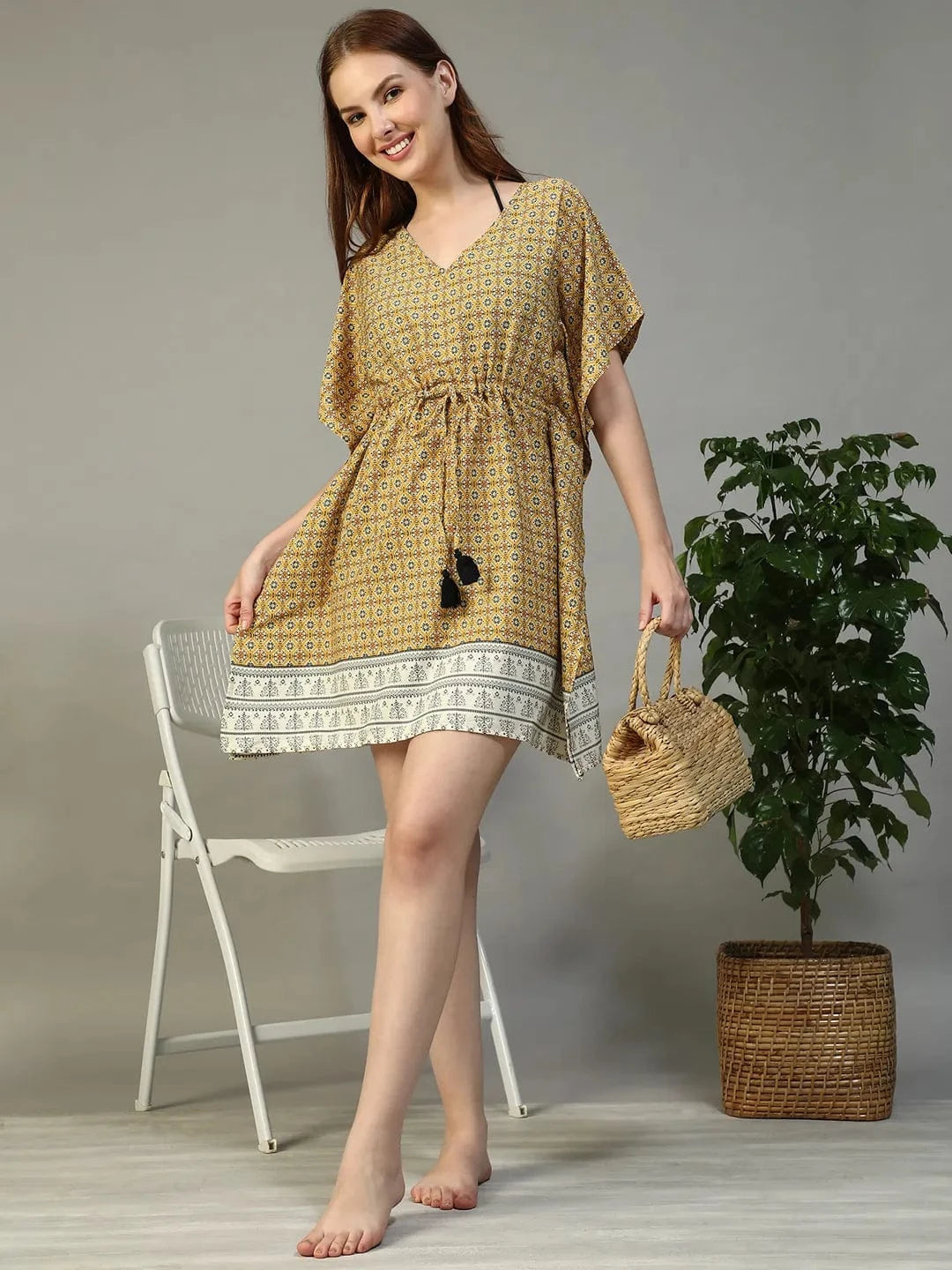 Gaze Yellow Geometric Abstract Print V- Neck Elasticated Tie-up Detail Short Cape Sleeve Women Beachwear Dress