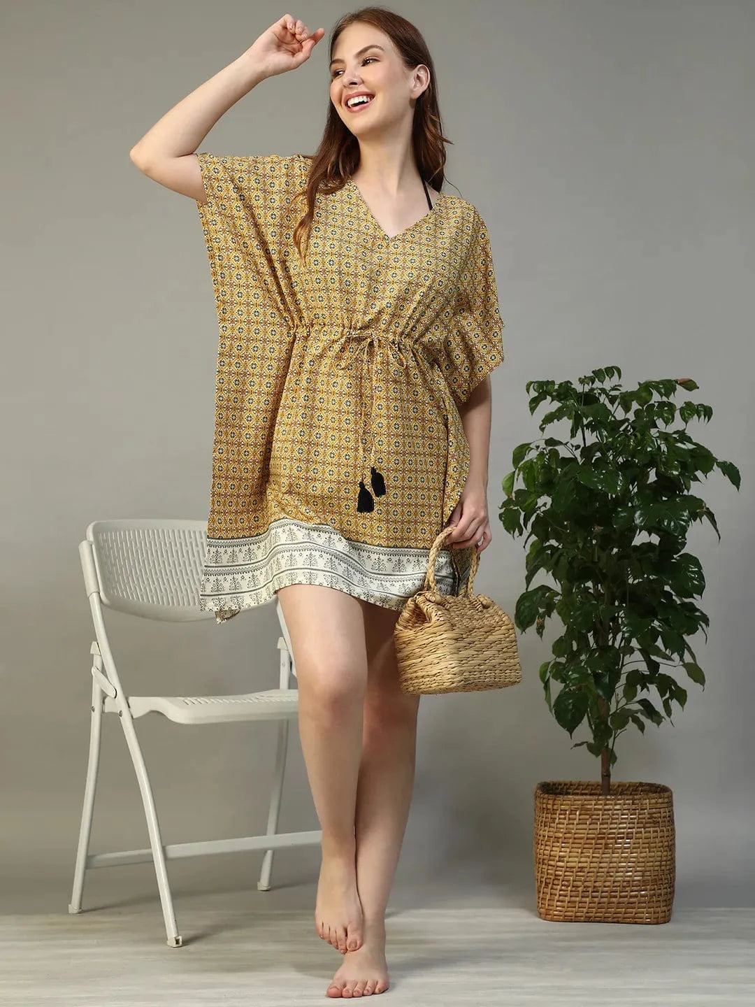 Gaze Yellow Geometric Abstract Print V- Neck Elasticated Tie-up Detail Short Cape Sleeve Women Beachwear Dress
