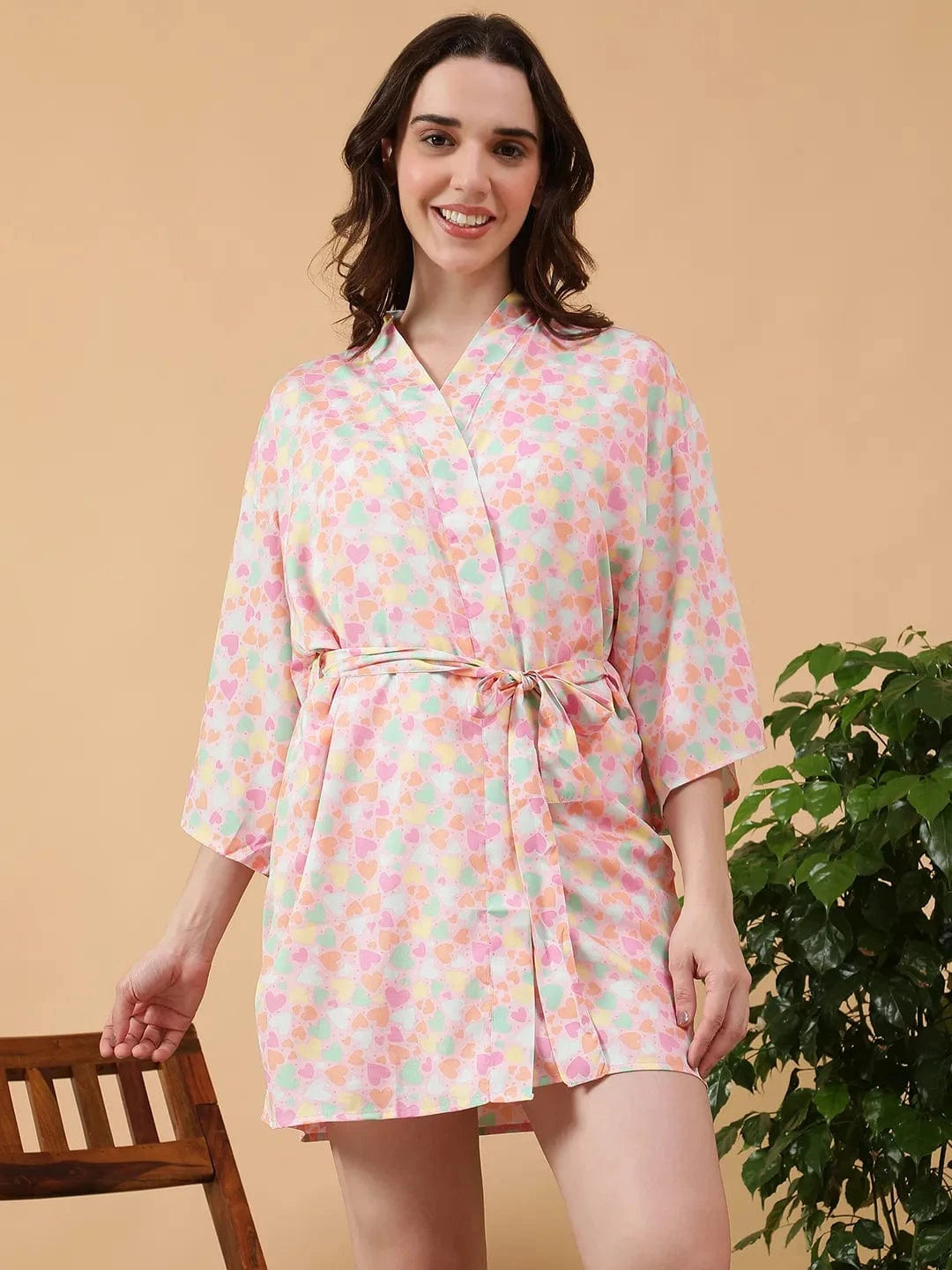 Multicolor Floral Print Open collar V-Neck Long Sleeve Tie-Up Detail Women Nightwear Shrug