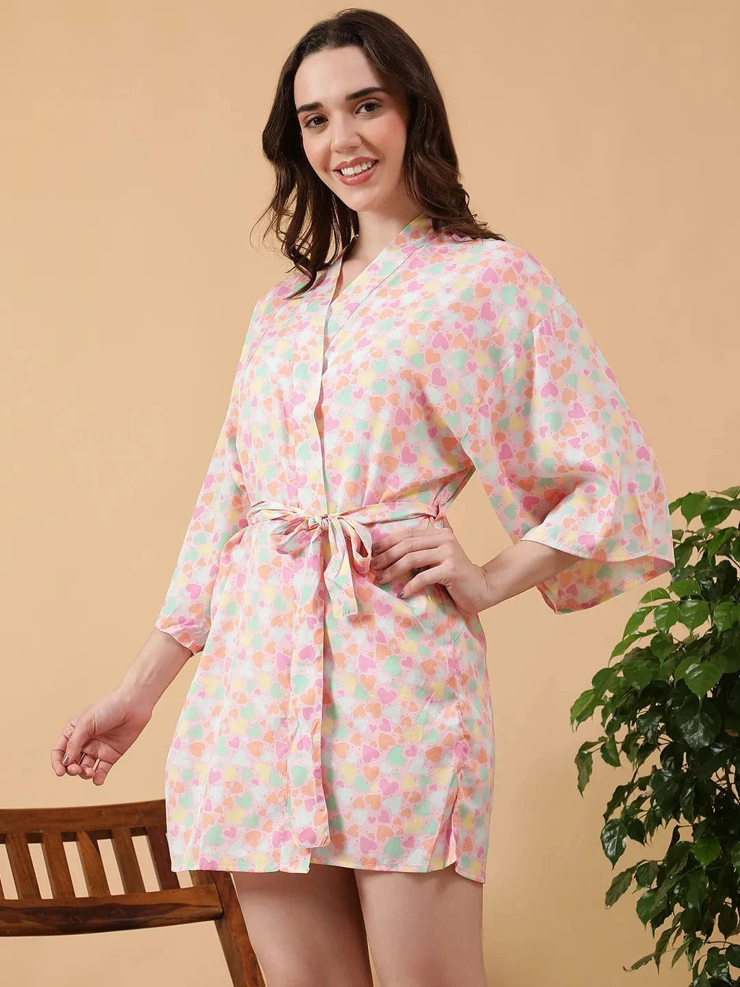 Multicolor Floral Print Open collar V-Neck Long Sleeve Tie-Up Detail Women Nightwear Shrug
