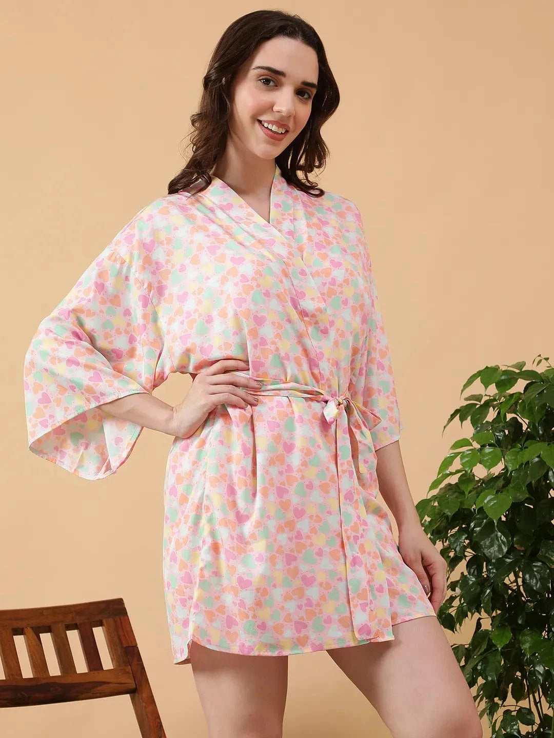 Multicolor Floral Print Open collar V-Neck Long Sleeve Tie-Up Detail Women Nightwear Shrug