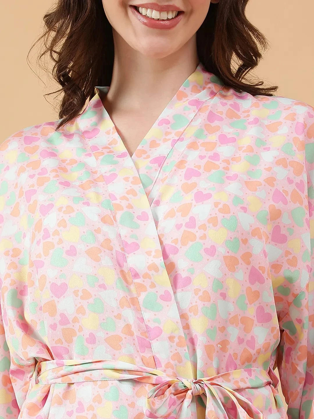 Multicolor Floral Print Open collar V-Neck Long Sleeve Tie-Up Detail Women Nightwear Shrug