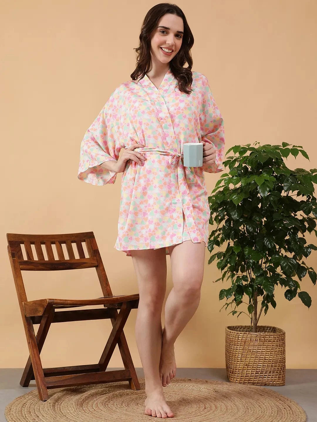 Multicolor Floral Print Open collar V-Neck Long Sleeve Tie-Up Detail Women Nightwear Shrug