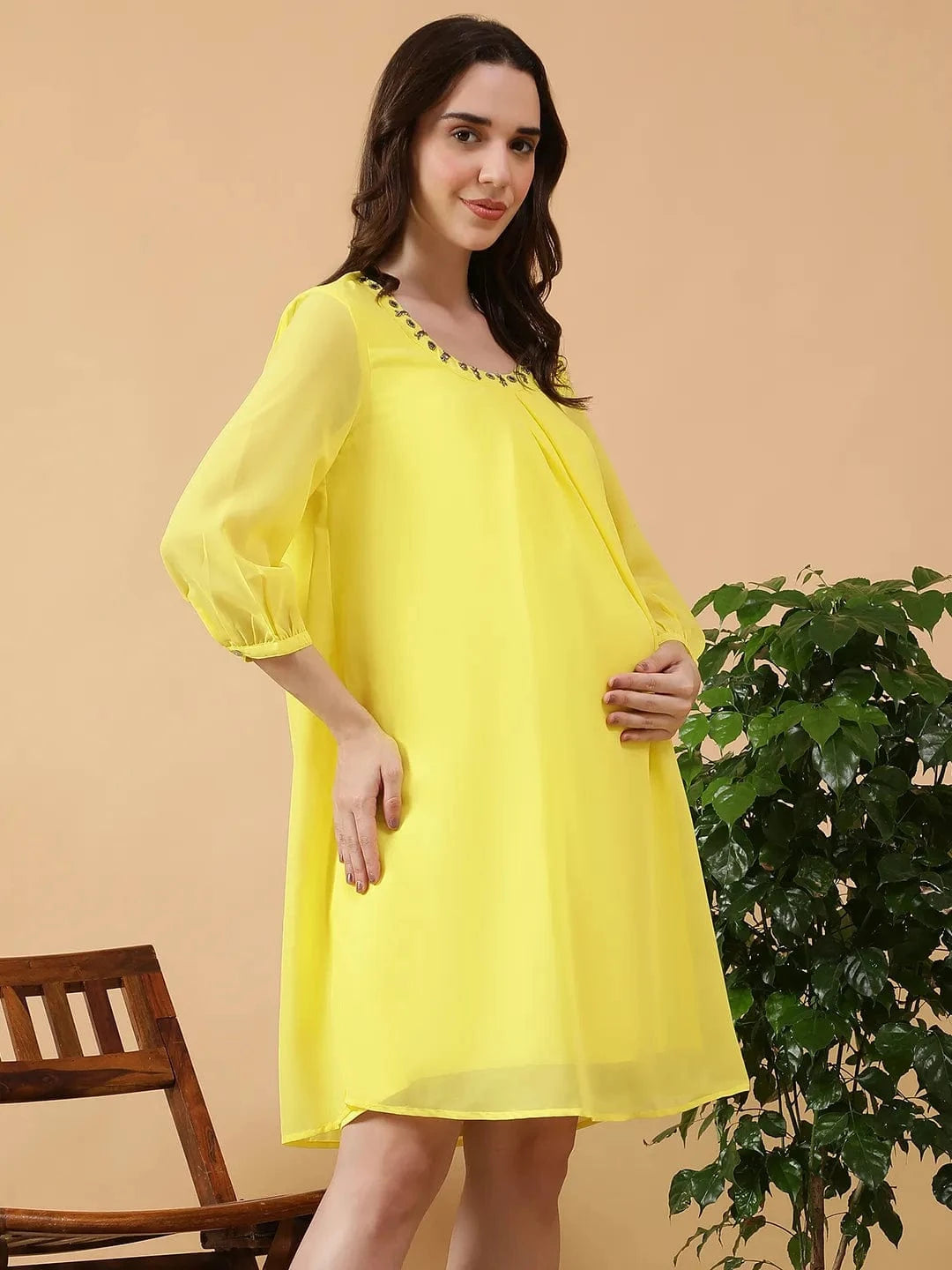 Mama Yellow Round Neck With Embellished Detail Women Maternity Midi Dress