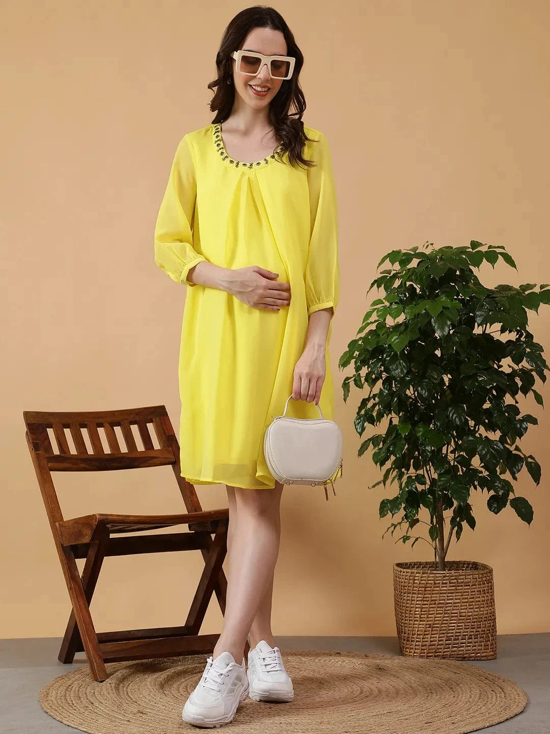Mama Yellow Round Neck With Embellished Detail Women Maternity Midi Dress