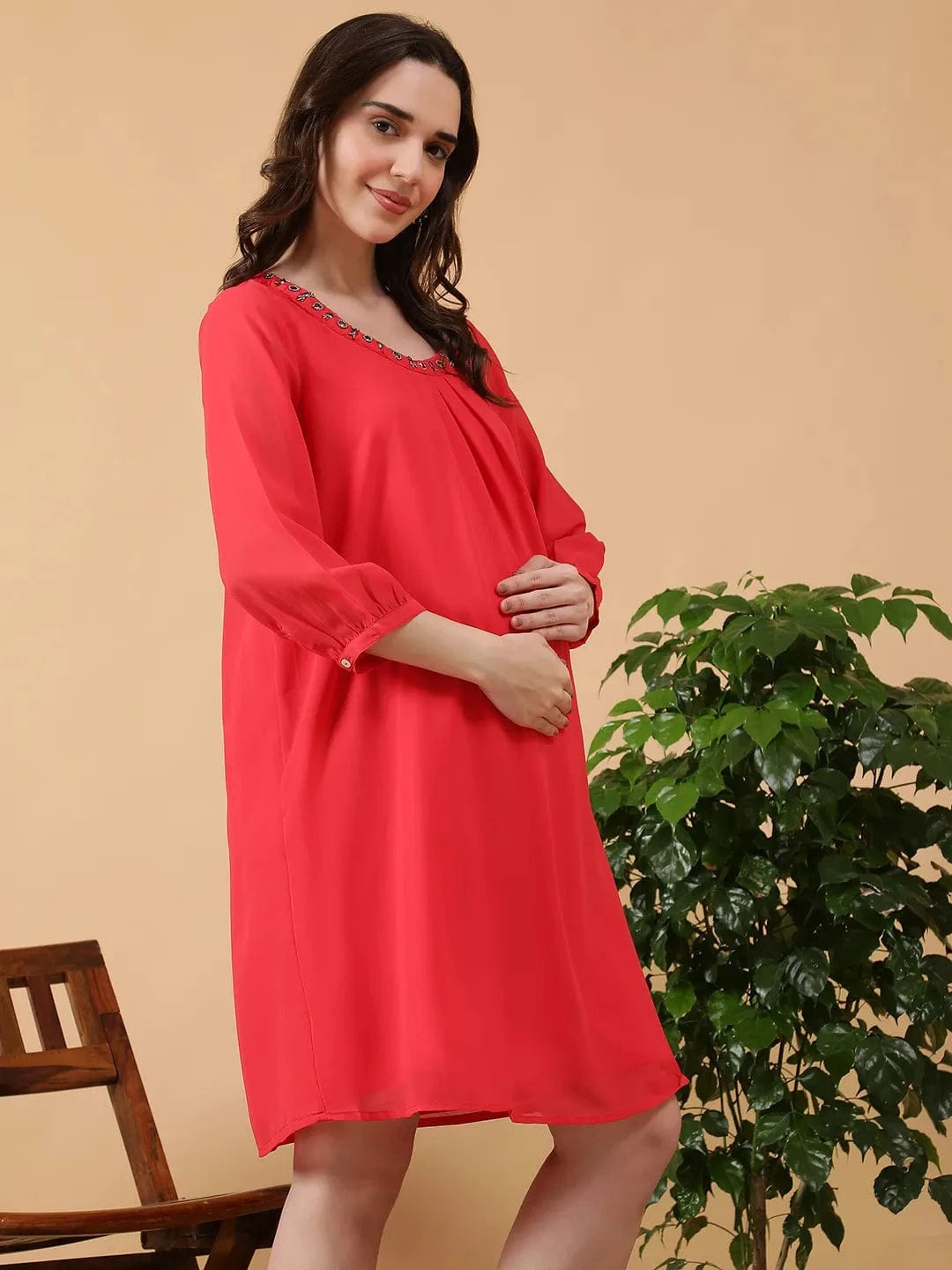 Mom to Be Red Round Neck With Embellished Detail Women Maternity Midi Dress