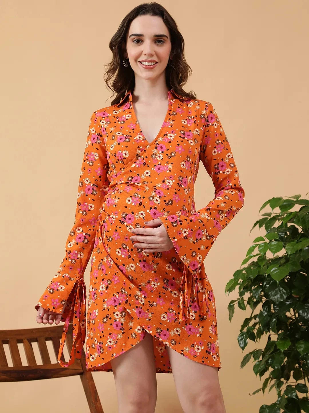 Bubbly Orange Floral Print V- Collared Neck Long Bell Sleeve With Tie-Up Detail Short Wrap Dress