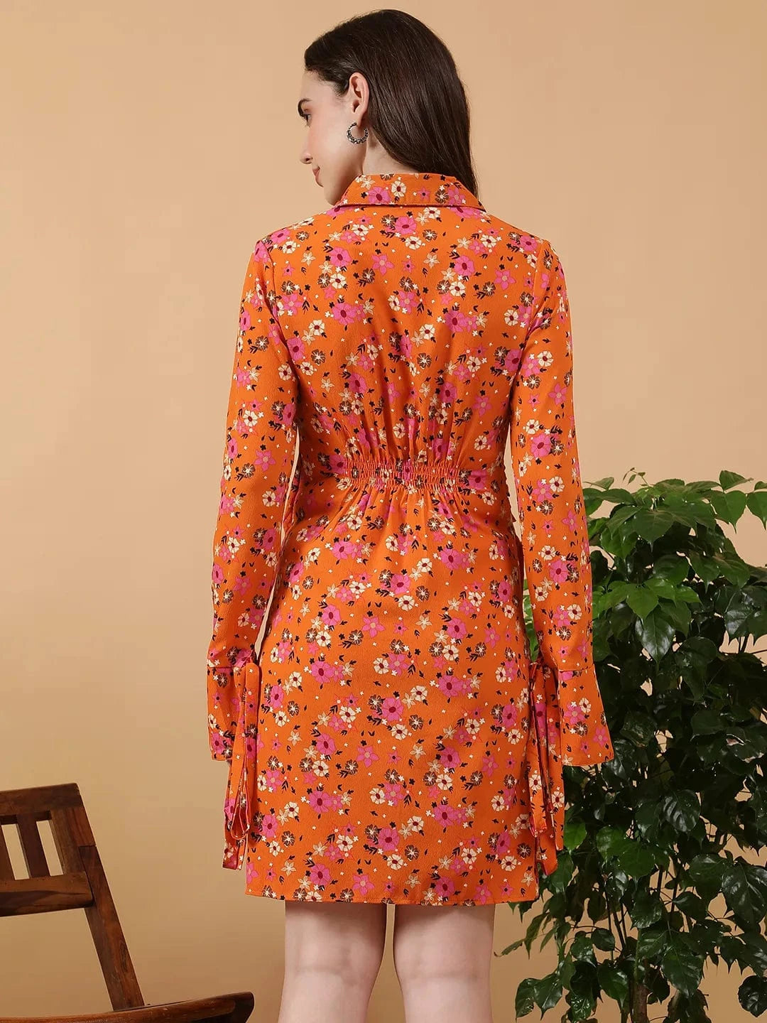 Bubbly Orange Floral Print V- Collared Neck Long Bell Sleeve With Tie-Up Detail Short Wrap Dress