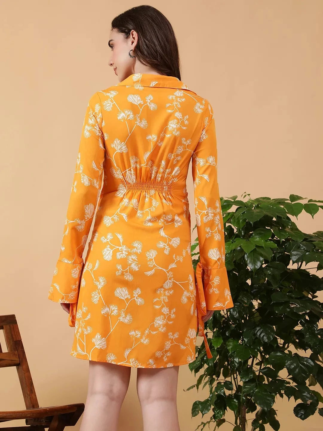 Darling Yellow Floral Print V- Collared Neck Long Bell Sleeve With Tie-Up Detail Short Wrap Dress