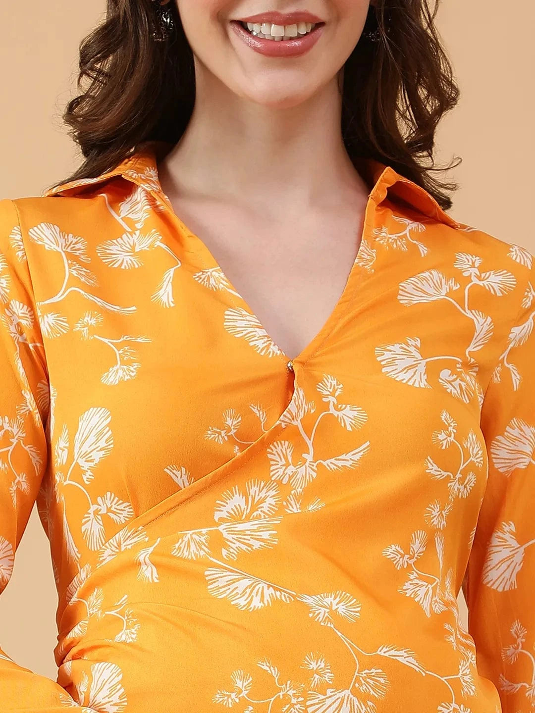 Darling Yellow Floral Print V- Collared Neck Long Bell Sleeve With Tie-Up Detail Short Wrap Dress