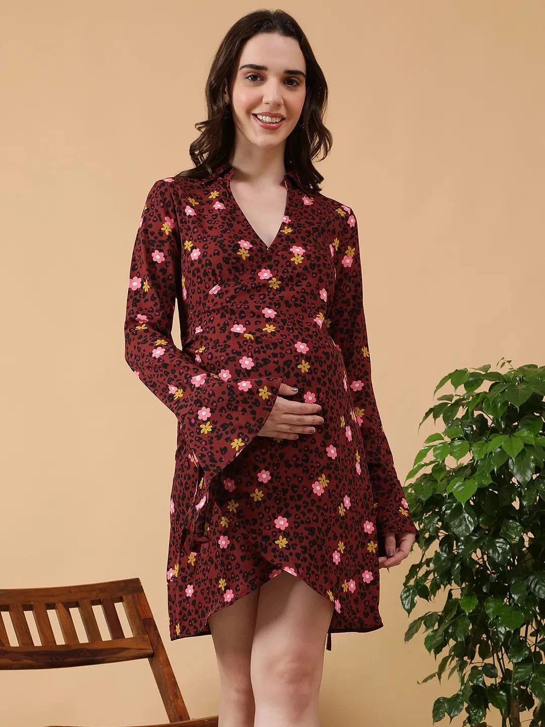 Maroon Floral Print Short Dress With Tie-Up Detail