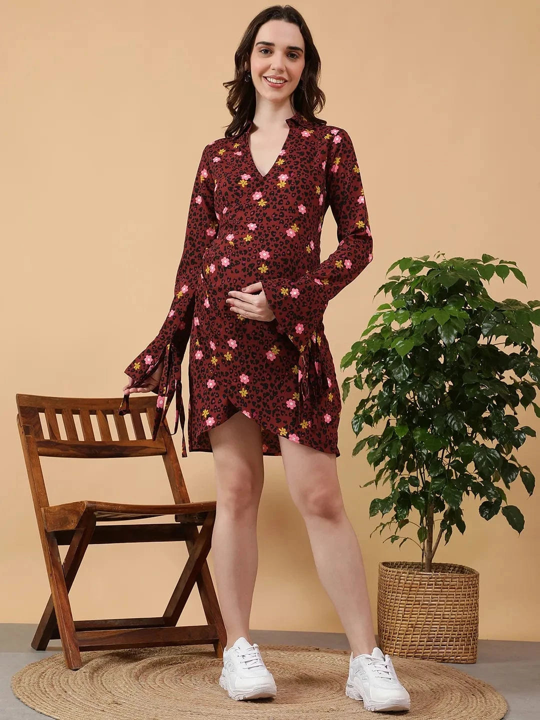 Maroon Floral Print Short Dress With Tie-Up Detail