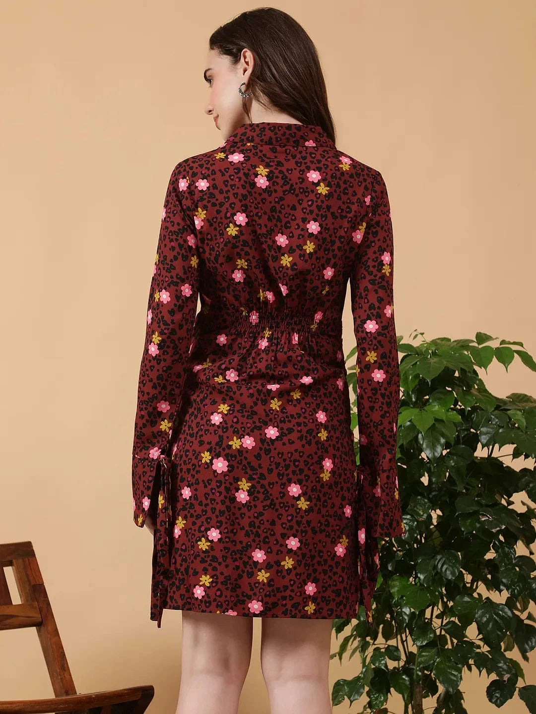 Maroon Floral Print Short Dress With Tie-Up Detail