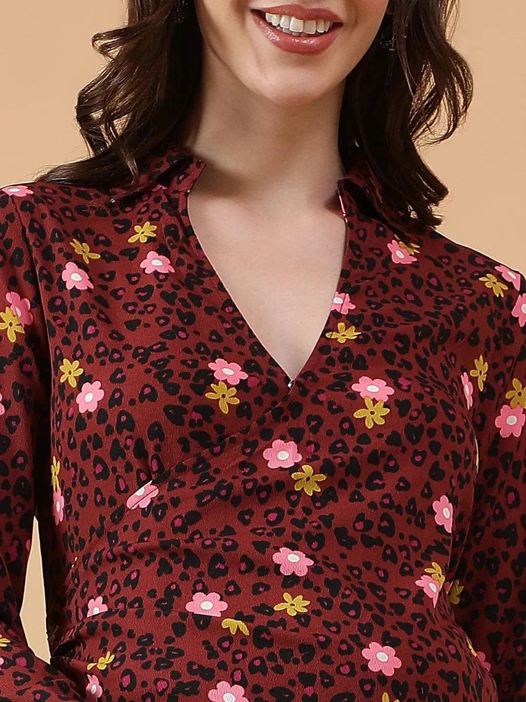 Maroon Floral Print Short Dress With Tie-Up Detail