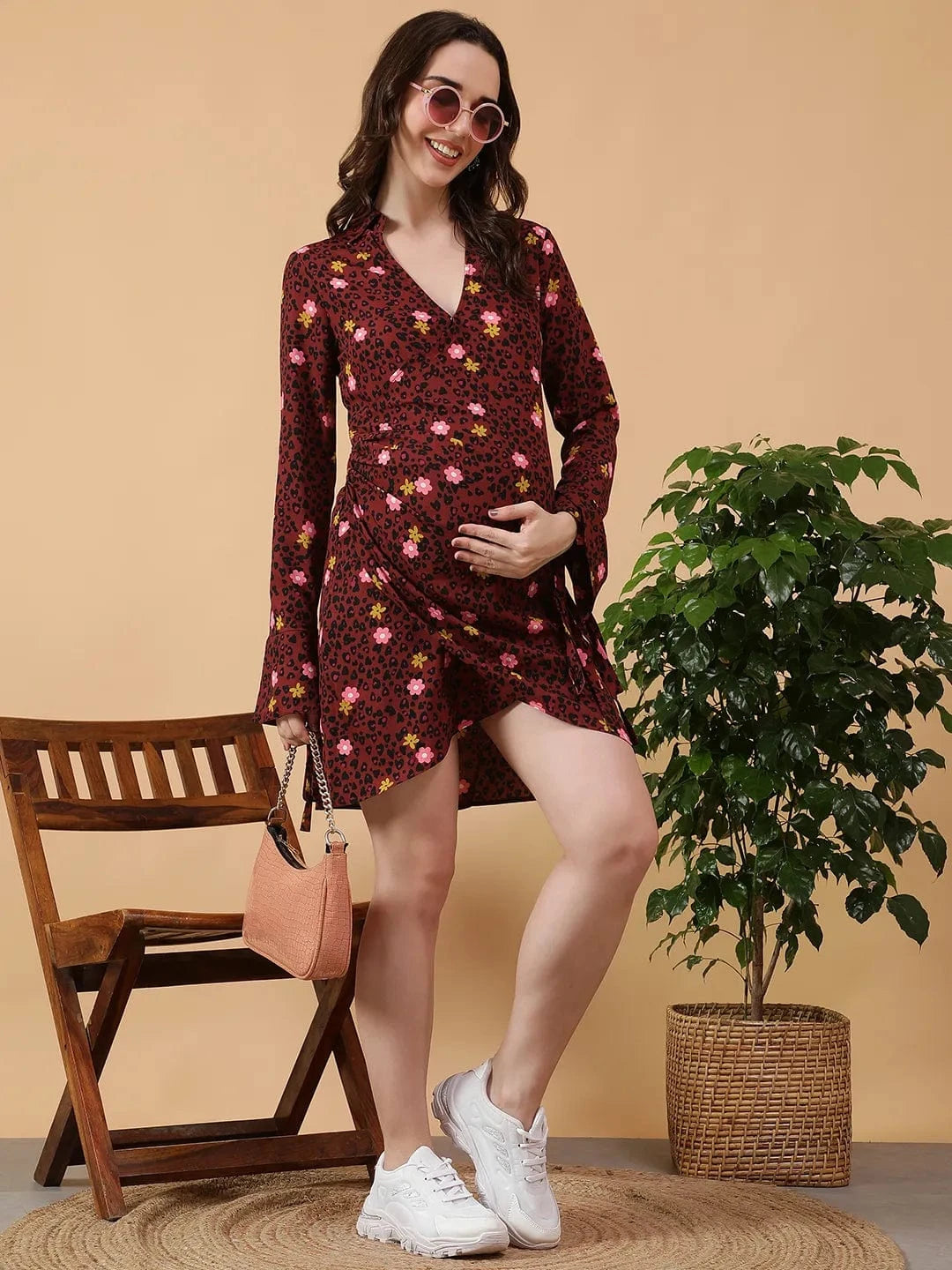 Maroon Floral Print Short Dress With Tie-Up Detail
