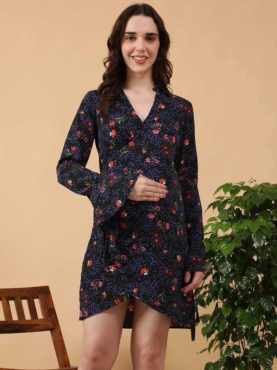 Petal-soft Blue Floral Print V- Collared Neck Long Bell Sleeve With Tie-Up Detail Short Wrap Dress