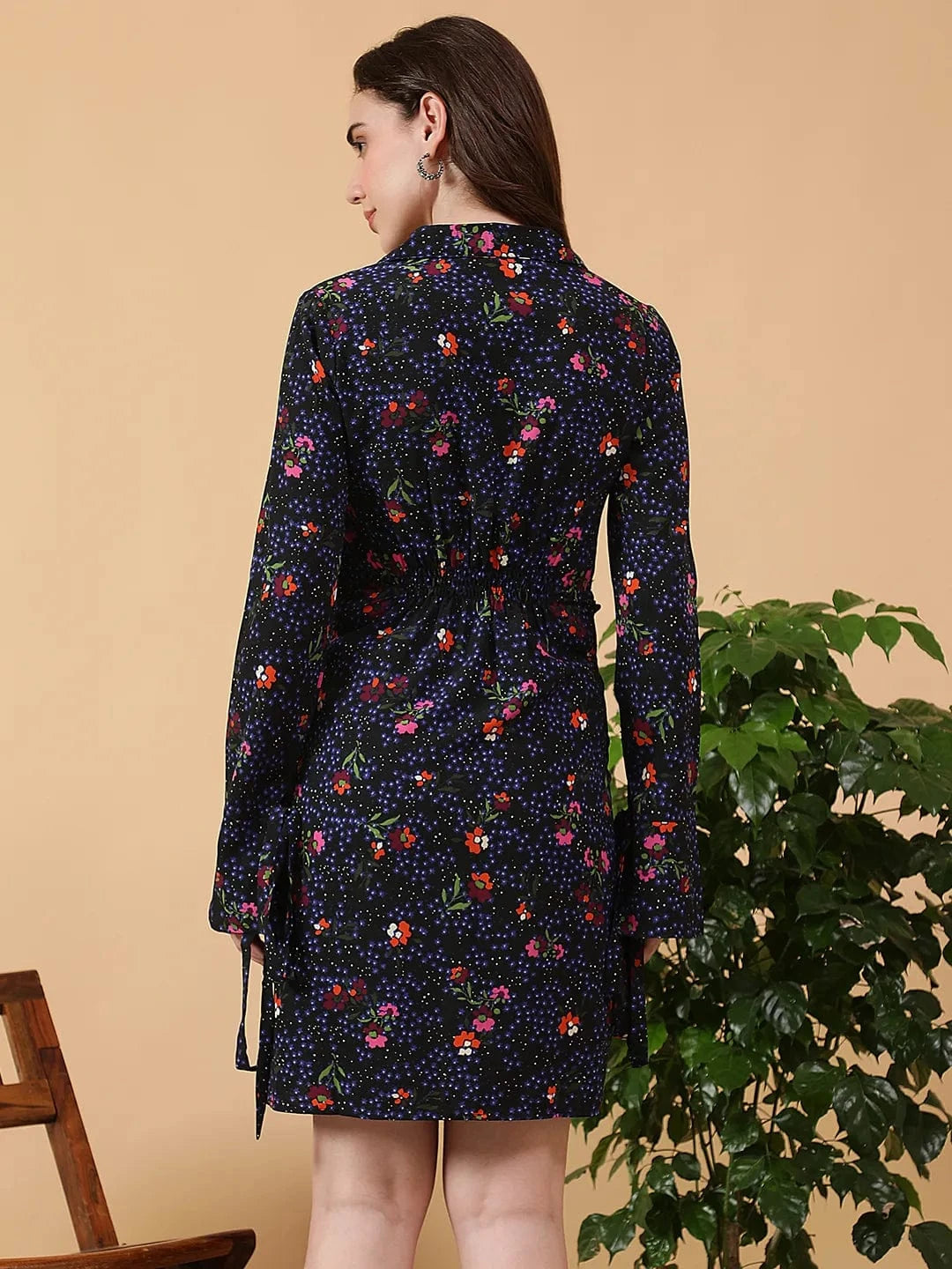 Petal-soft Blue Floral Print V- Collared Neck Long Bell Sleeve With Tie-Up Detail Short Wrap Dress