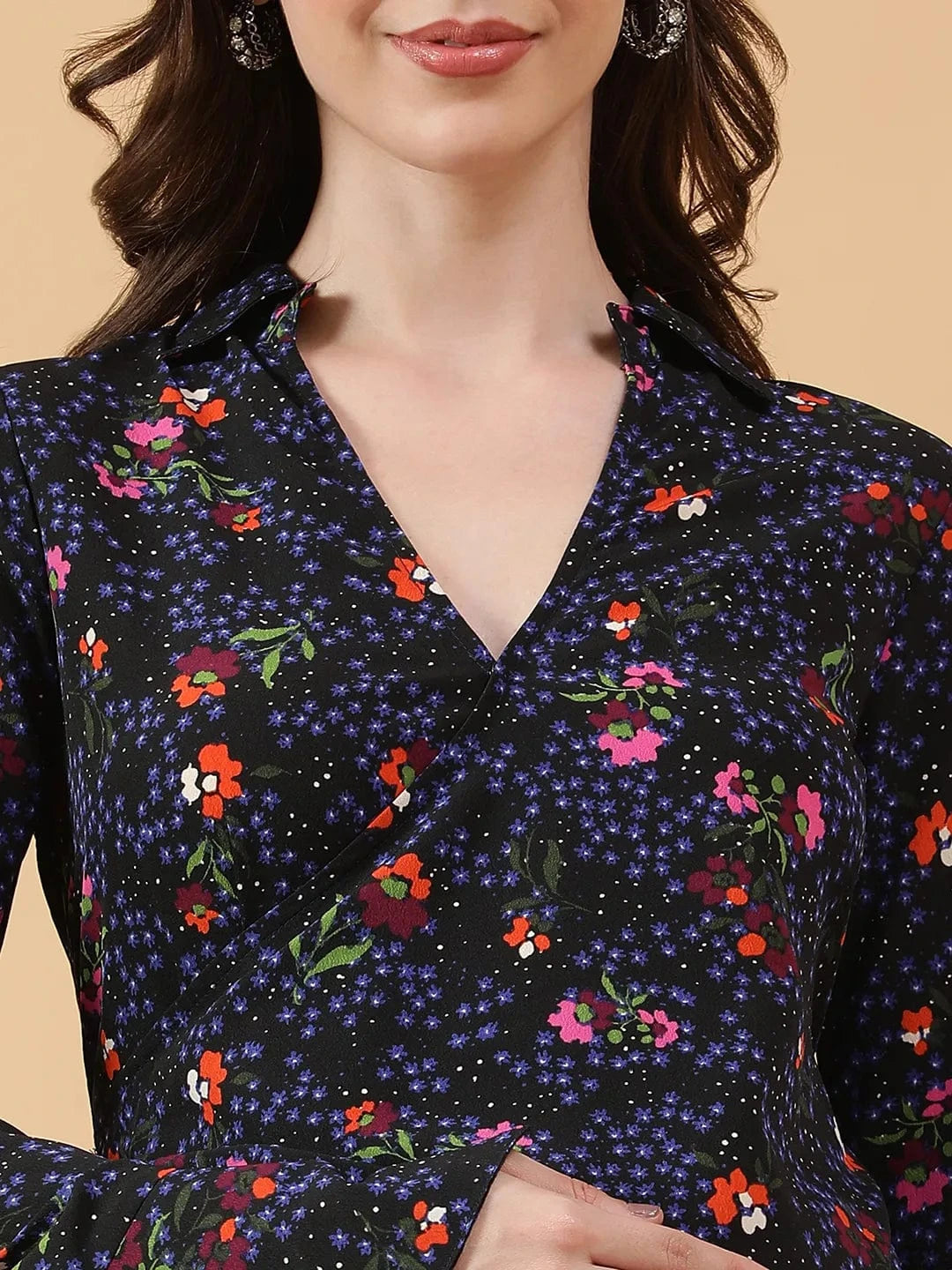 Petal-soft Blue Floral Print V- Collared Neck Long Bell Sleeve With Tie-Up Detail Short Wrap Dress