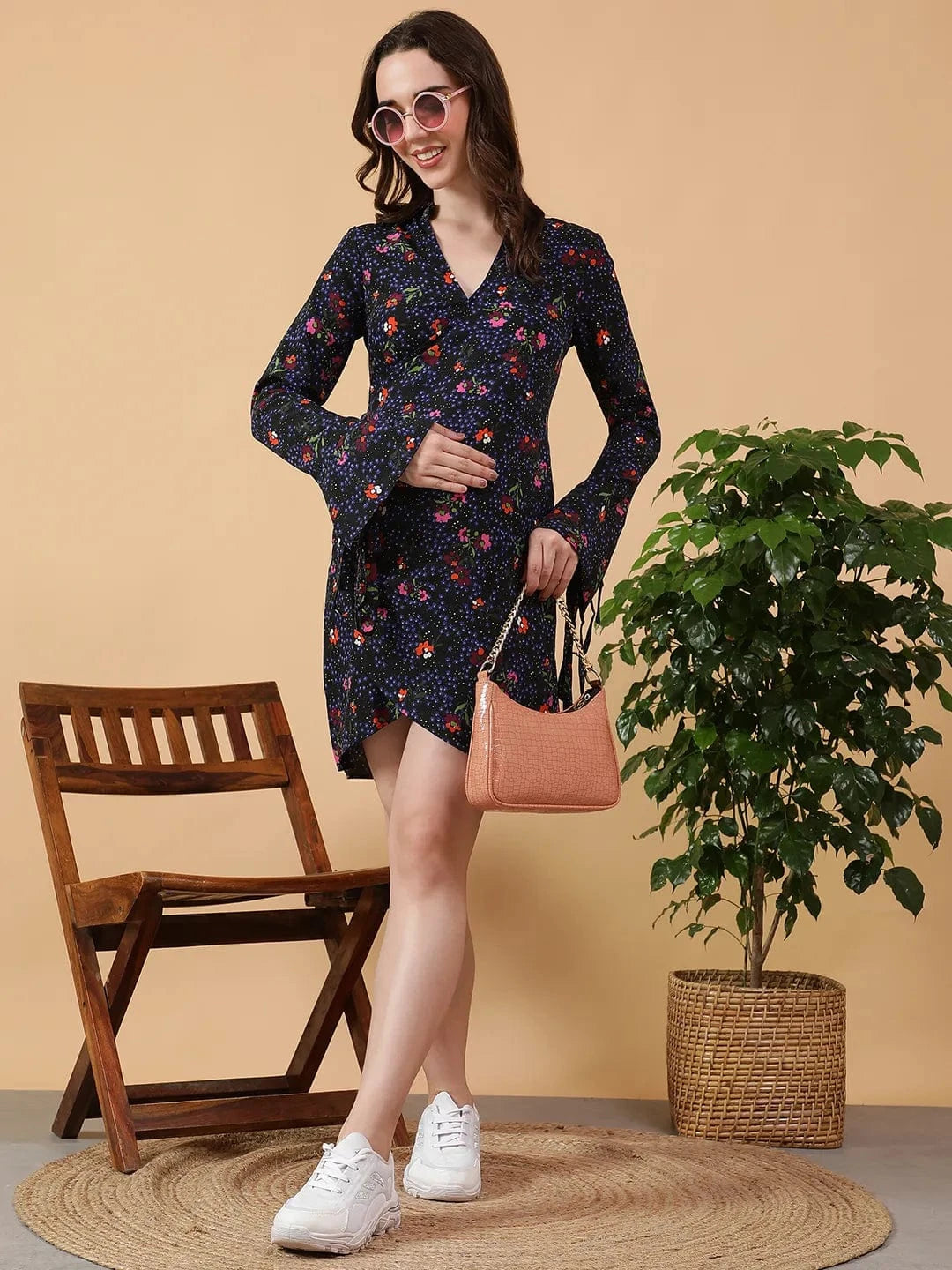Petal-soft Blue Floral Print V- Collared Neck Long Bell Sleeve With Tie-Up Detail Short Wrap Dress