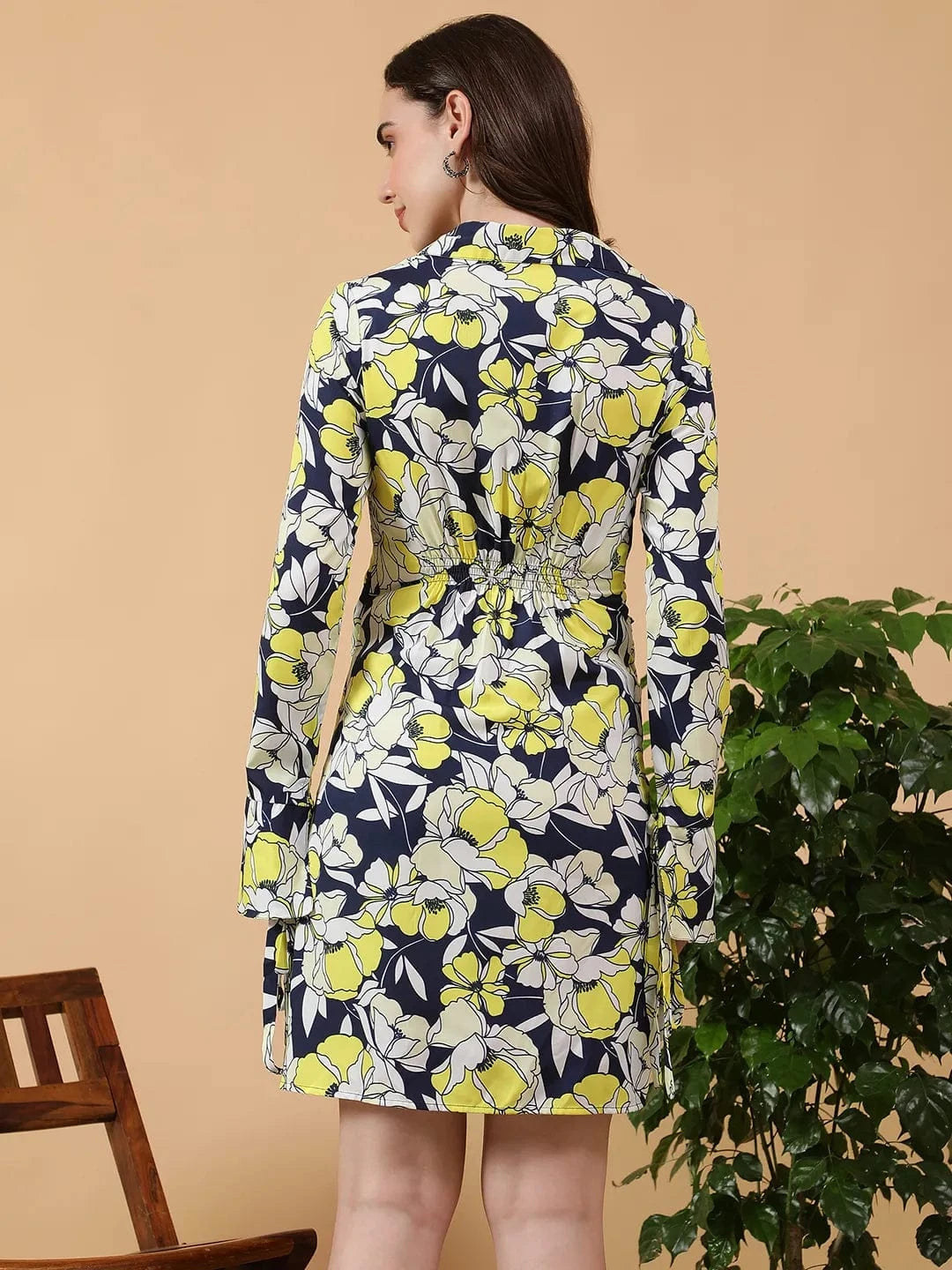 Swirly Multicolor Floral Print V- Collared Neck Long Bell Sleeve With Tie-Up Detail Short Wrap Dress