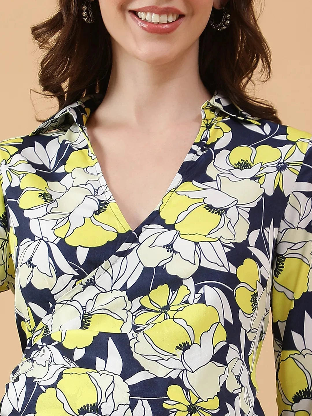 Swirly Multicolor Floral Print V- Collared Neck Long Bell Sleeve With Tie-Up Detail Short Wrap Dress