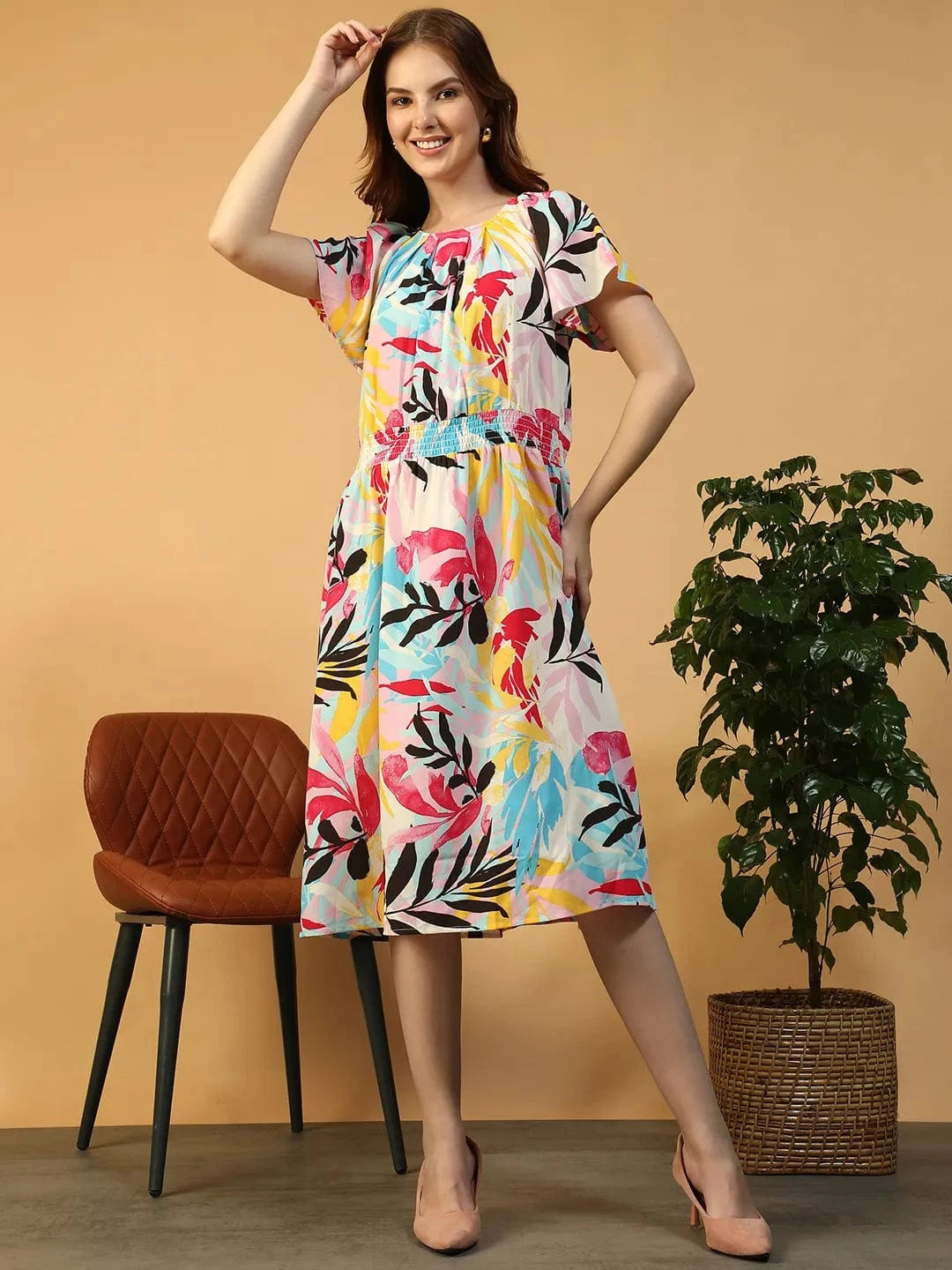 Zig Multicolor Tropical Print Round neck Short Sleeve Smocked Women Midi Dress