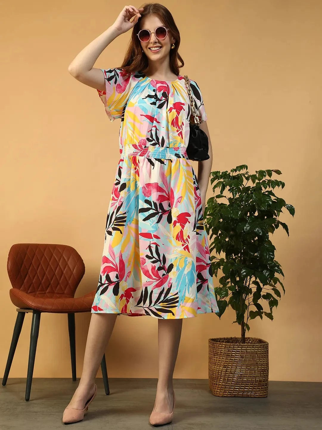 Zig Multicolor Tropical Print Round neck Short Sleeve Smocked Women Midi Dress