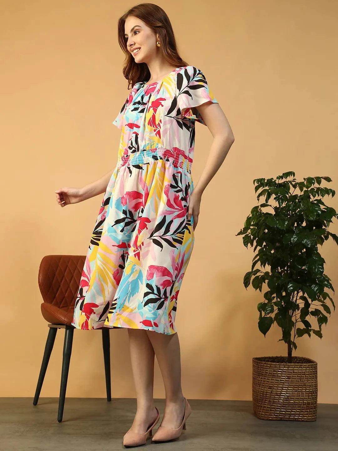 Zig Multicolor Tropical Print Round neck Short Sleeve Smocked Women Midi Dress