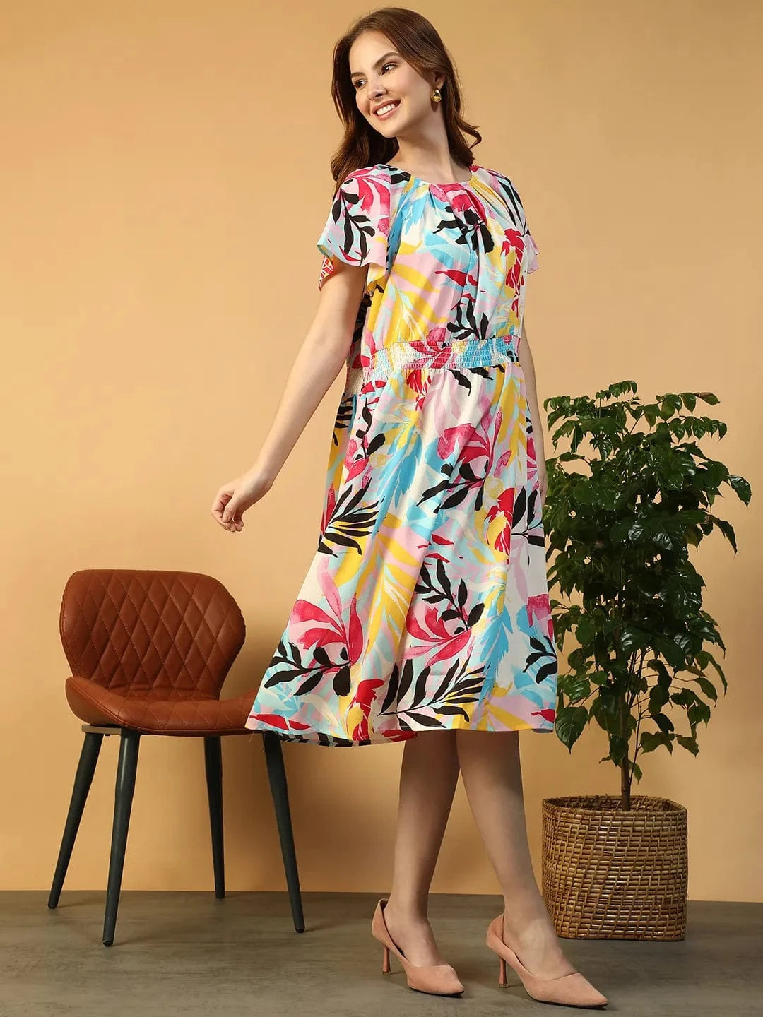 Zig Multicolor Tropical Print Round neck Short Sleeve Smocked Women Midi Dress