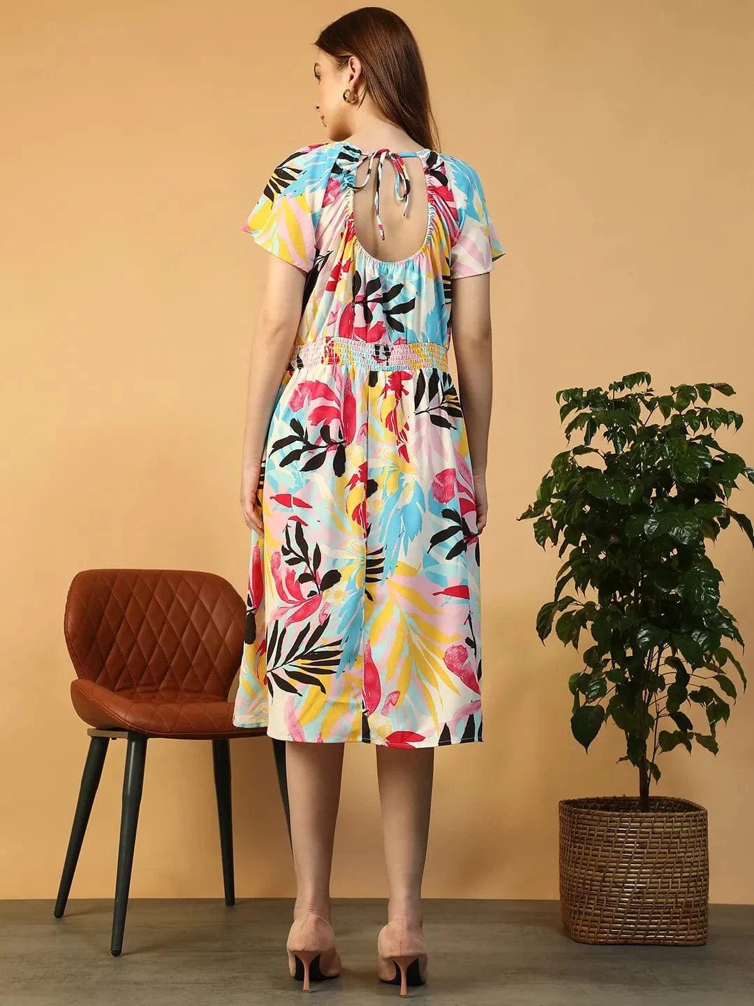 Zig Multicolor Tropical Print Round neck Short Sleeve Smocked Women Midi Dress