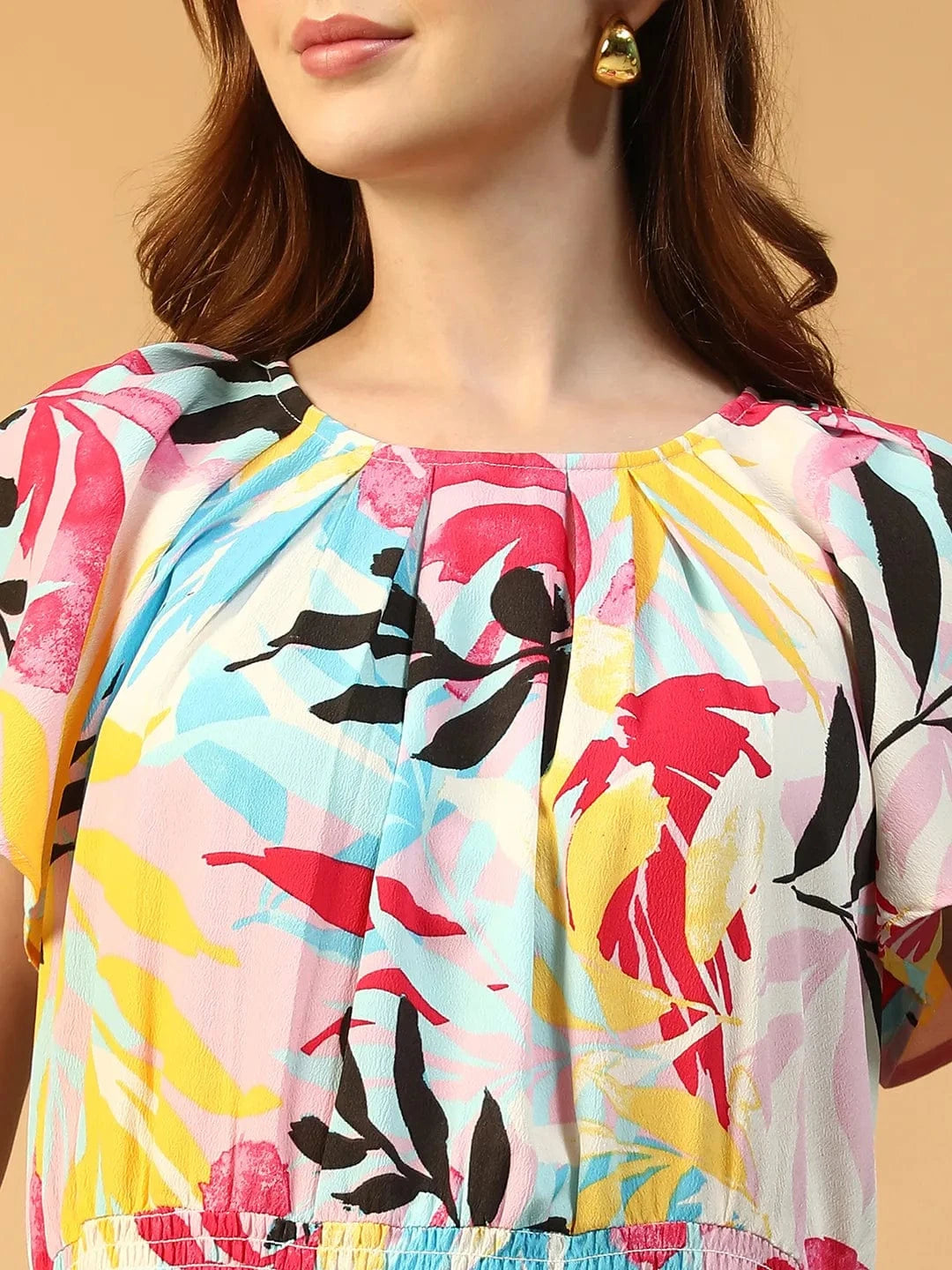 Zig Multicolor Tropical Print Round neck Short Sleeve Smocked Women Midi Dress