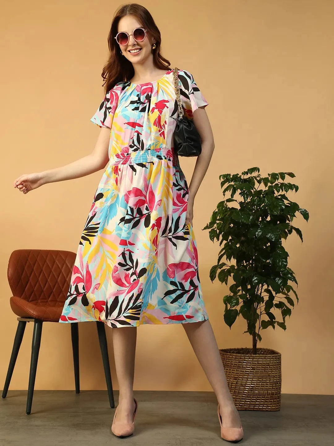 Zig Multicolor Tropical Print Round neck Short Sleeve Smocked Women Midi Dress