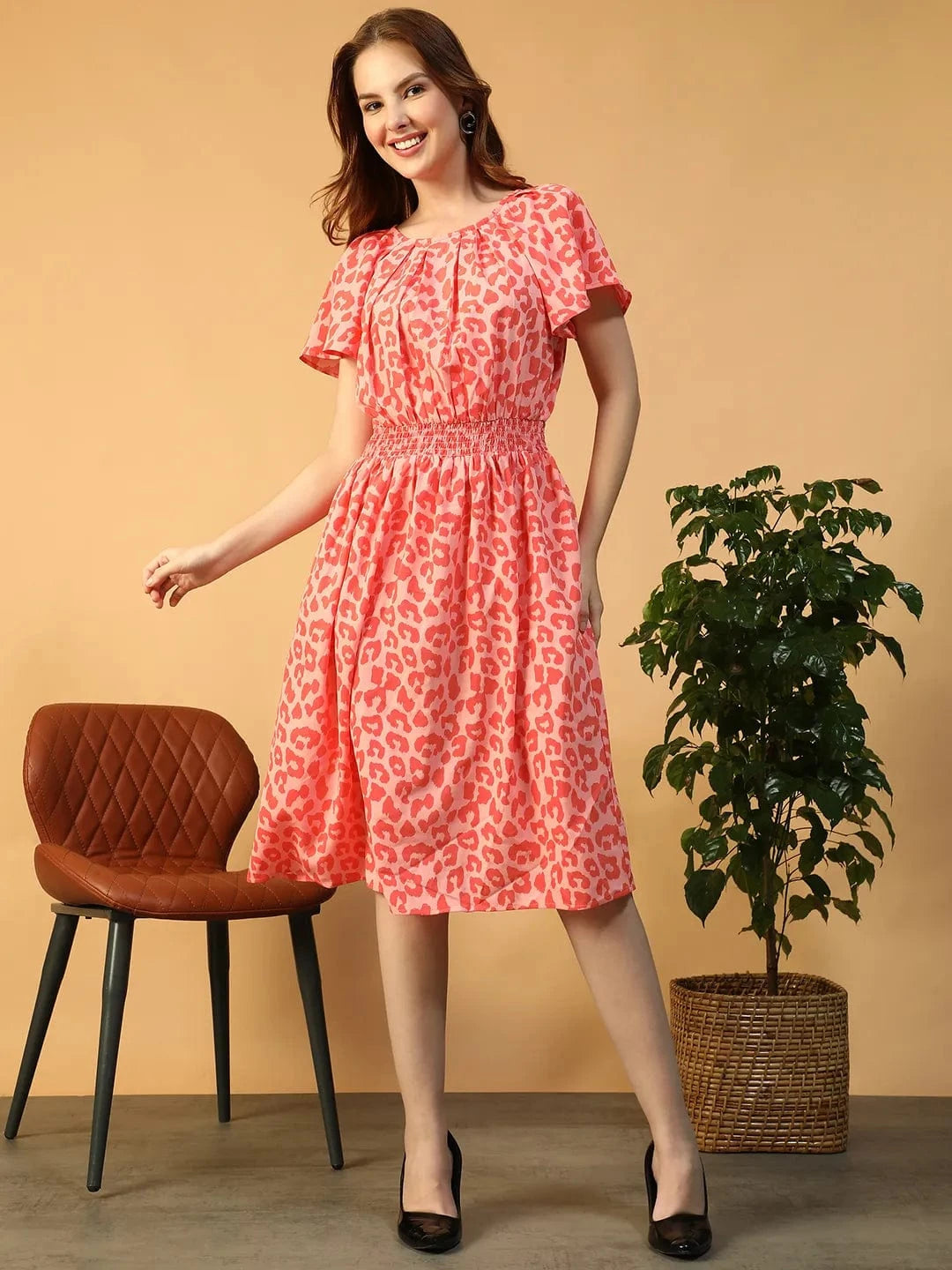 Ruched Orange Animal Print Round neck Short Sleeve Smocked Women Midi Dress