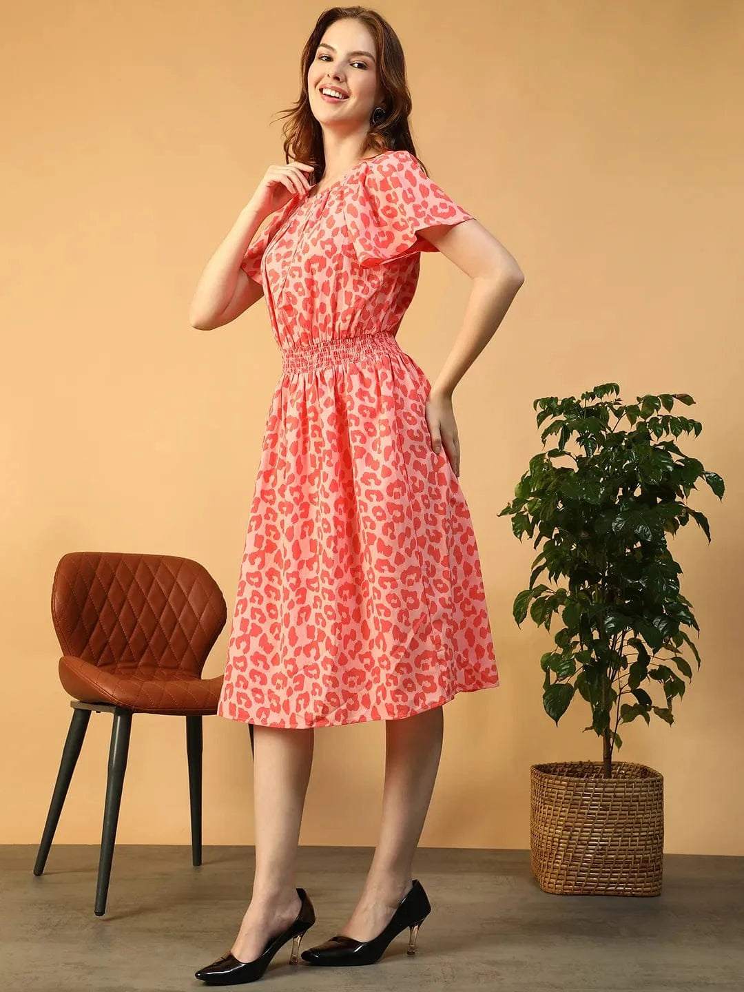 Ruched Orange Animal Print Round neck Short Sleeve Smocked Women Midi Dress