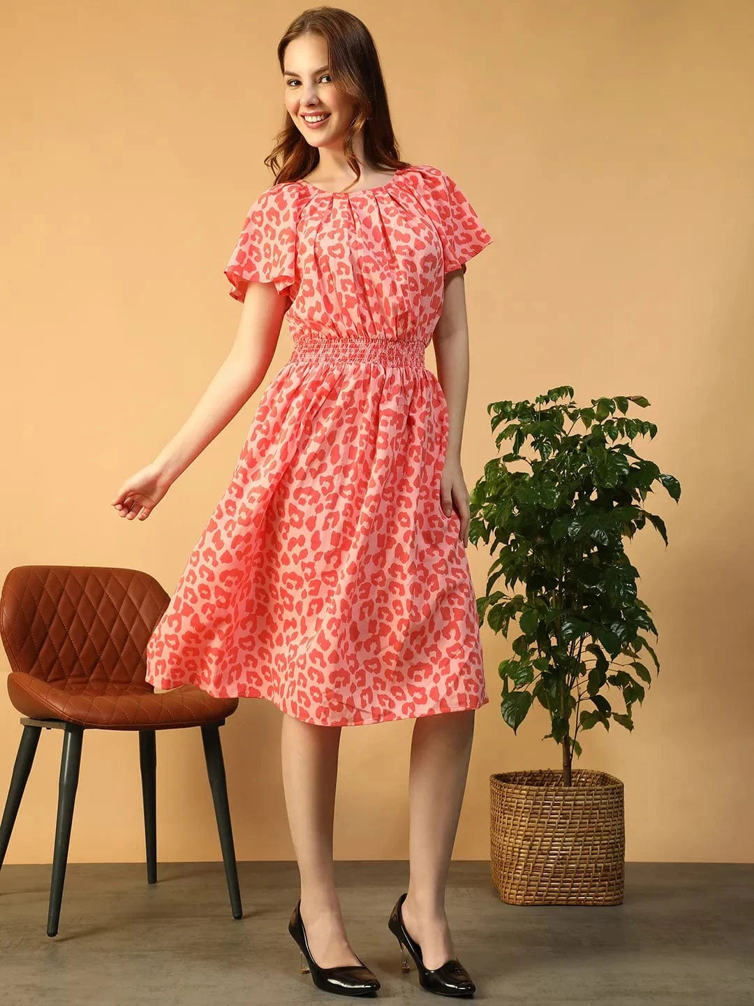 Ruched Orange Animal Print Round neck Short Sleeve Smocked Women Midi Dress