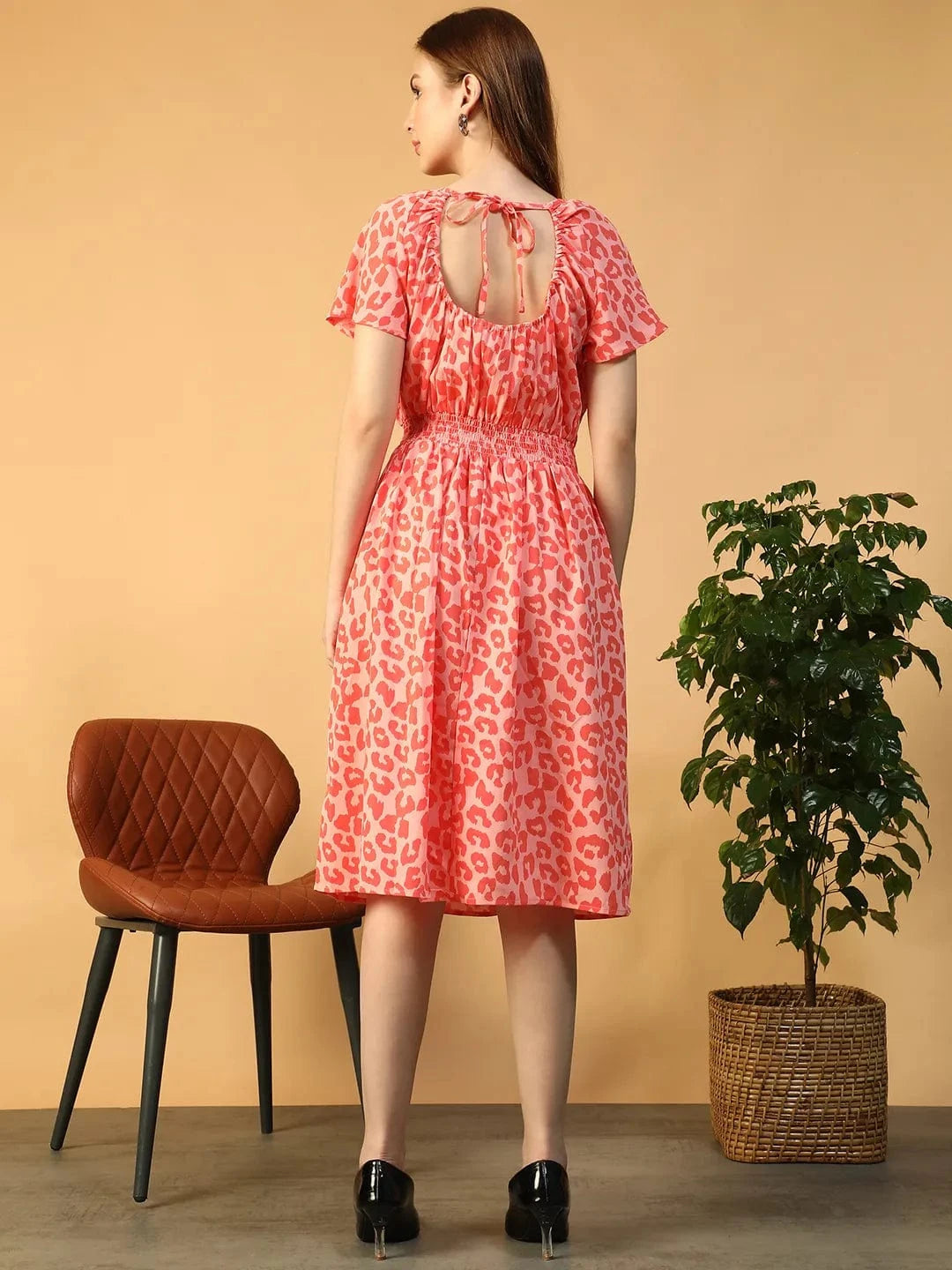 Ruched Orange Animal Print Round neck Short Sleeve Smocked Women Midi Dress