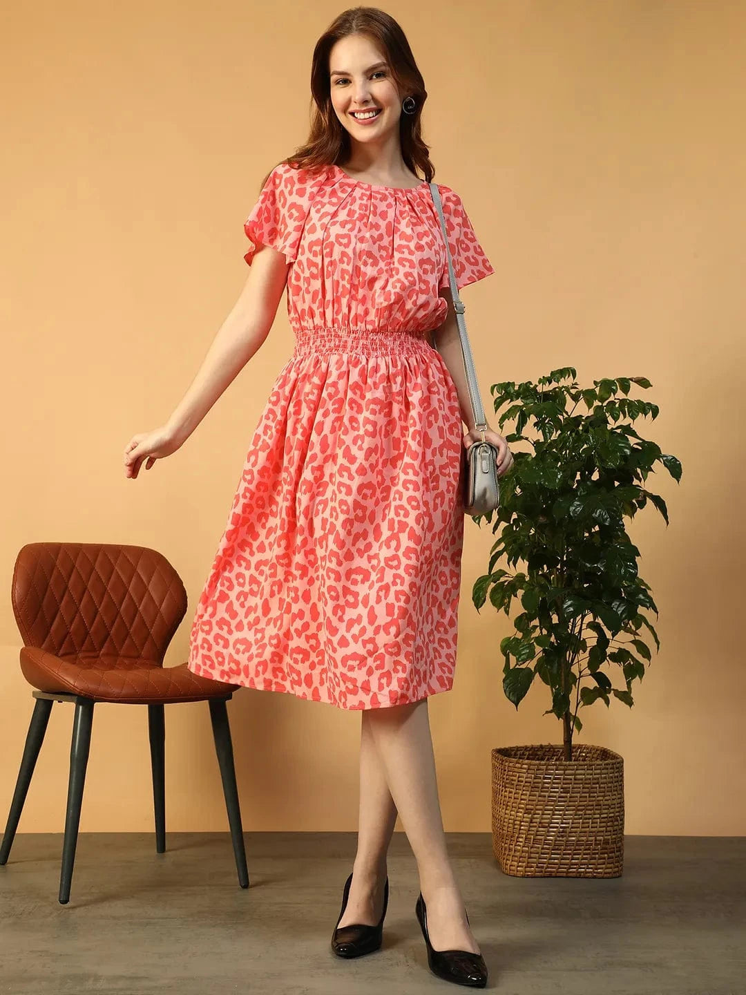 Ruched Orange Animal Print Round neck Short Sleeve Smocked Women Midi Dress