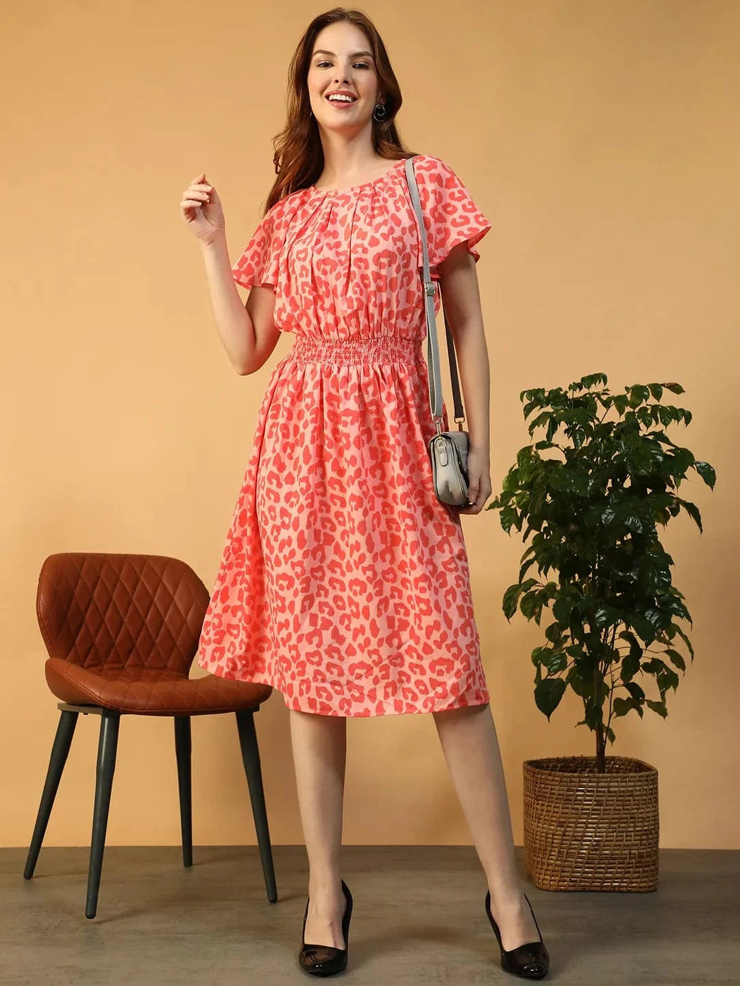 Ruched Orange Animal Print Round neck Short Sleeve Smocked Women Midi Dress