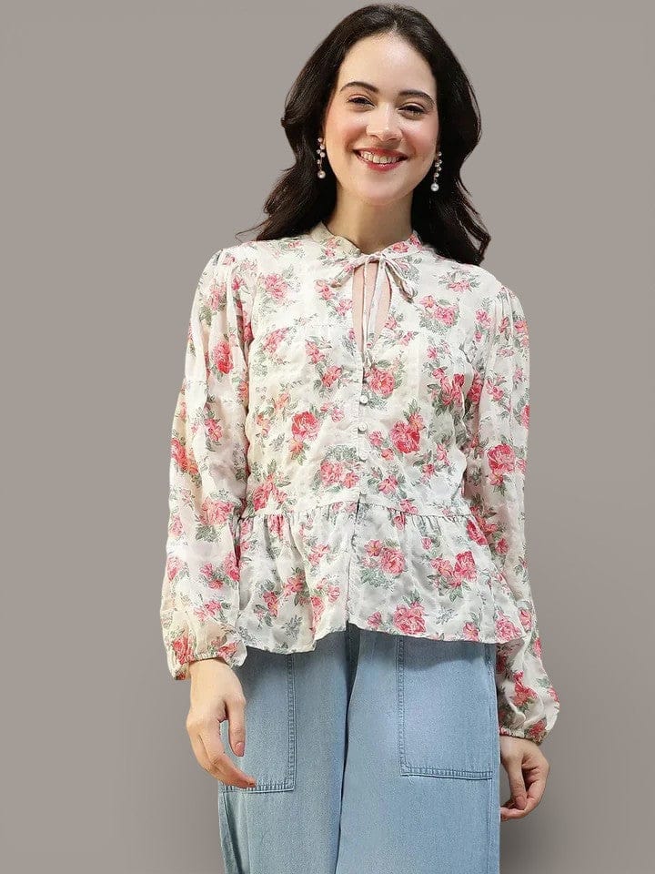 Floral Peplum Top - Women's Multicolor Print Blouse With Keyhole Neck & Tie-Up Detail
