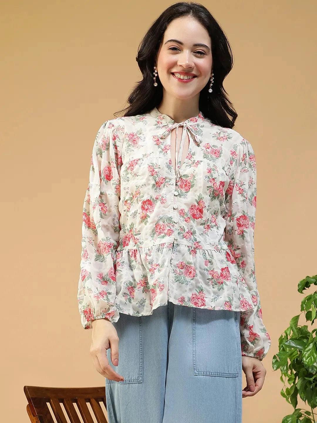 Fresh Multicolor Floral Print Key Hole Neck With Tie-Up Detail Long Sleeve Women Peplum Top